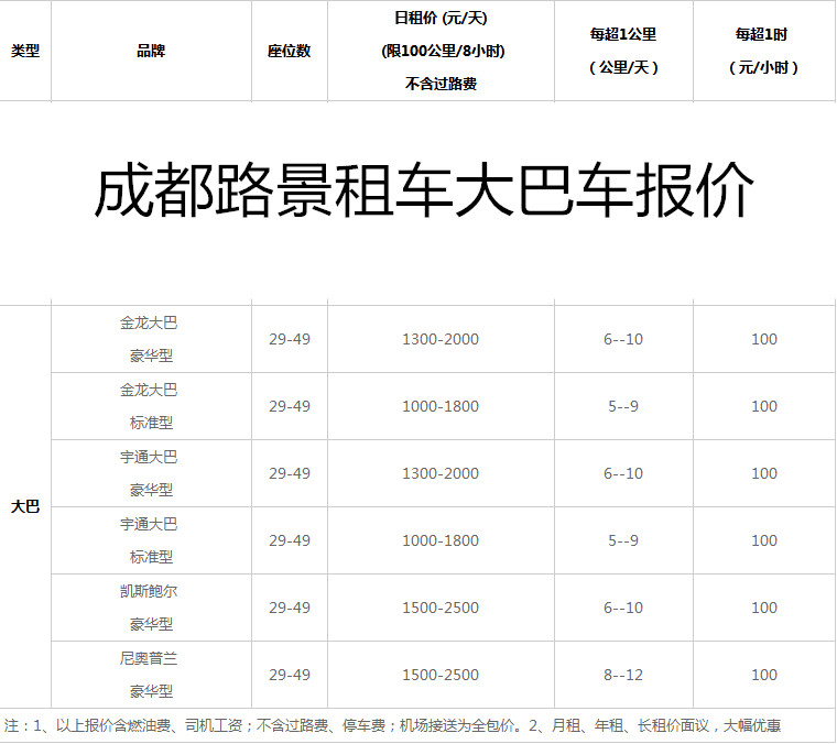 成都包大巴車價格表