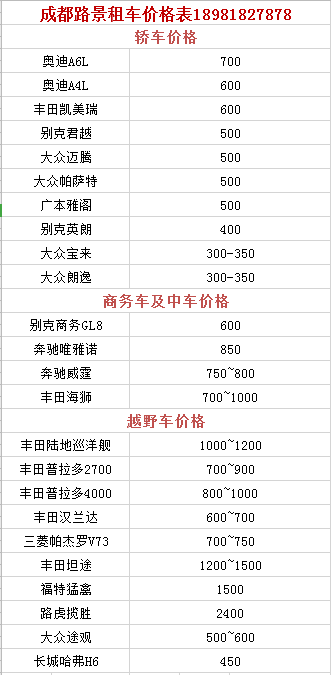 成都旅游租車自駕價(jià)格表