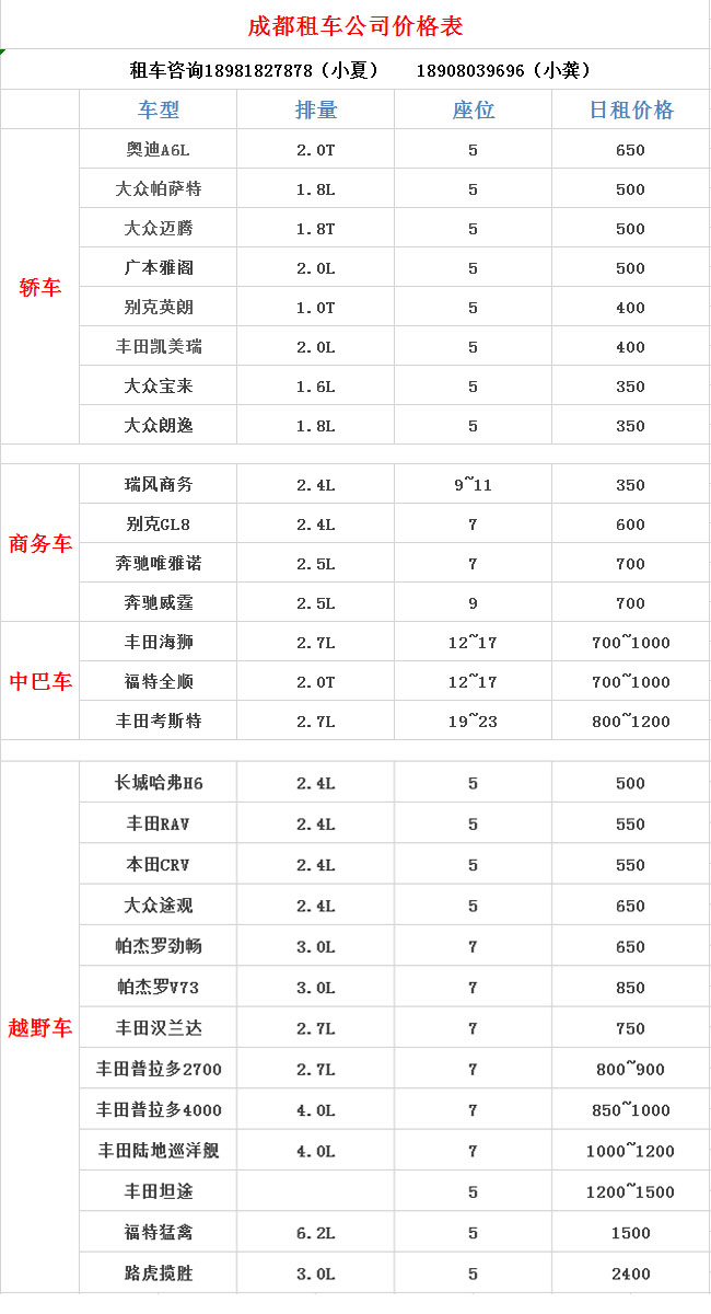 成都租車價格表